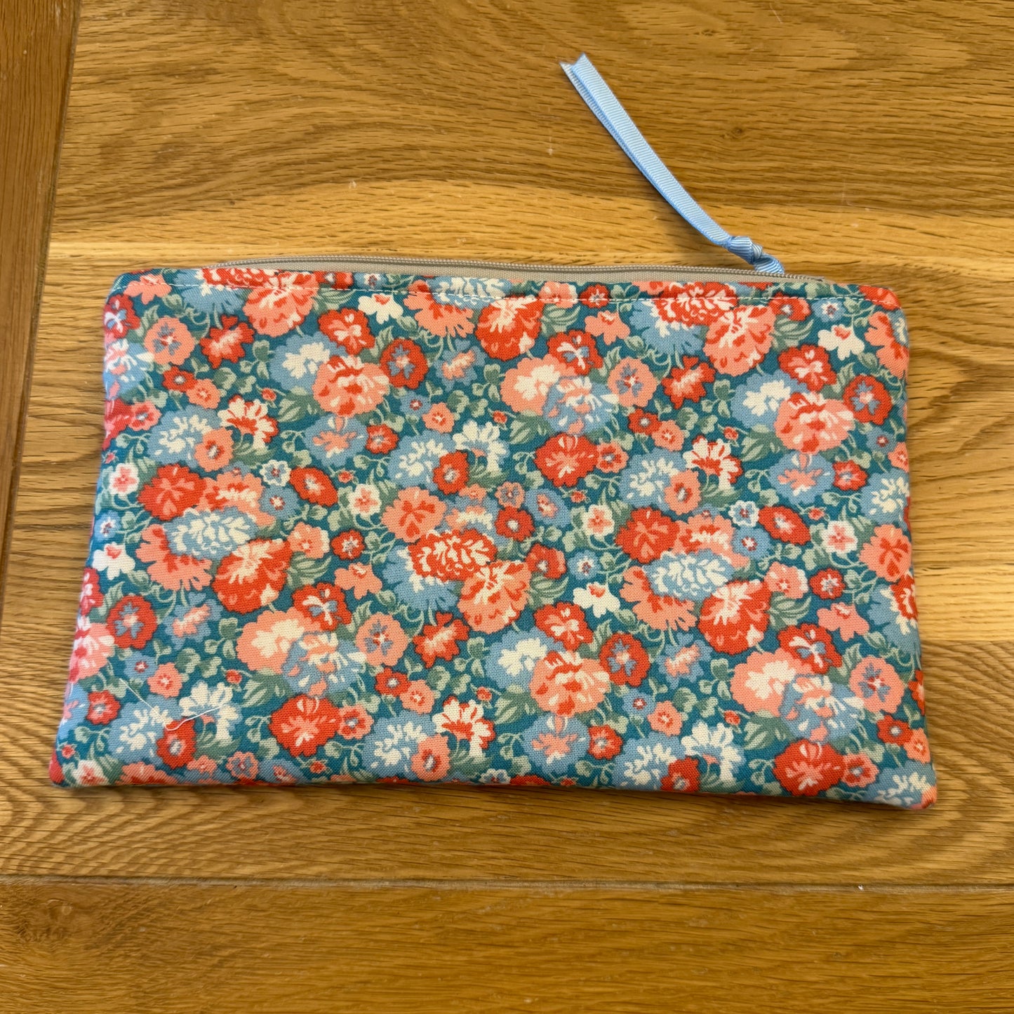 Large notions pouch handmade with Liberty fabric - Blue and Coral floral