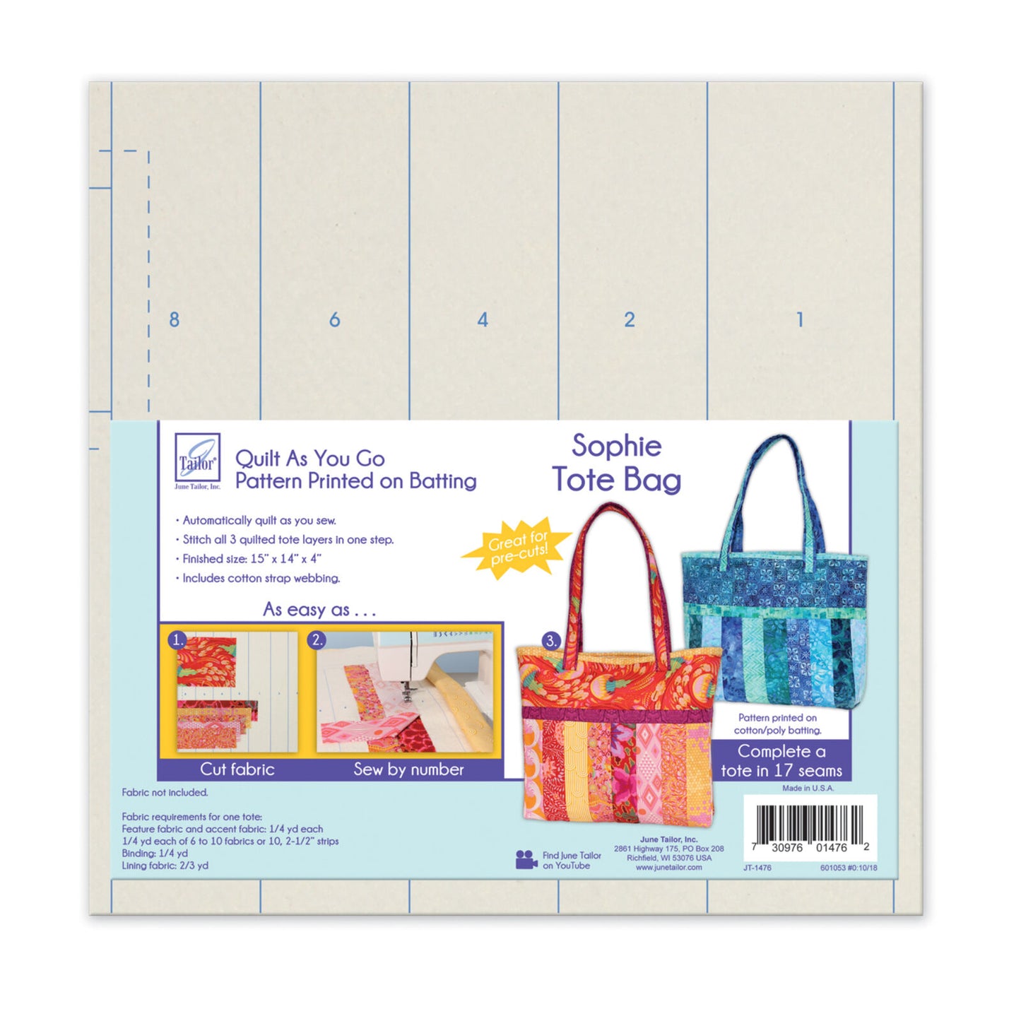 Easy Sew Quilt as you go tote bag - Sophie with pre-printed wadding/batting