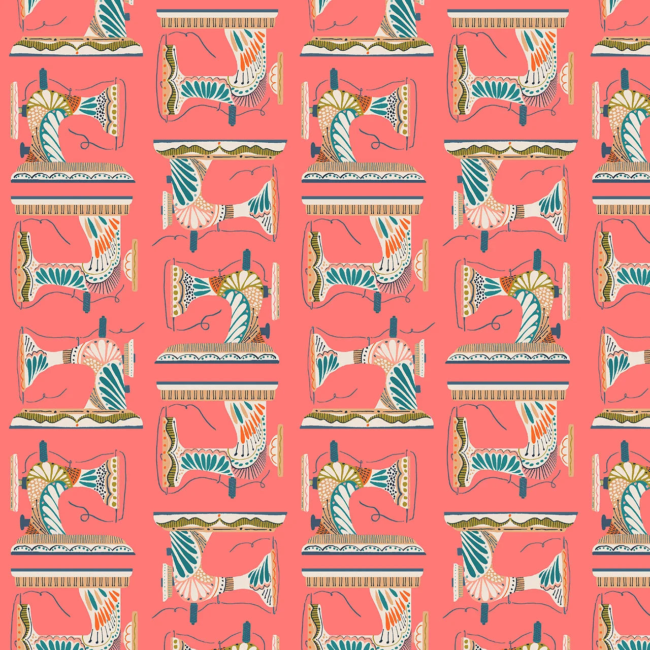 Sewing Machines (Coral) - Country Sewing Club - Thread and Ink Design Studio Quilters Cotton Fabric