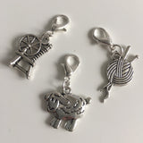 Wool themed stitch markers or progress keepers Spinning wheel, sheep and yarn / needles (set if 3)