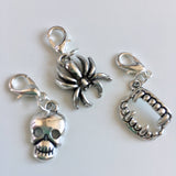 Halloween themed stitch marker or progress keepers (set of 3) Skull / spider / fangs