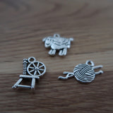 Wool themed stitch markers or progress keepers Spinning wheel, sheep and yarn / needles (set if 3)