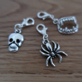 Halloween themed stitch marker or progress keepers (set of 3) Skull / spider / fangs