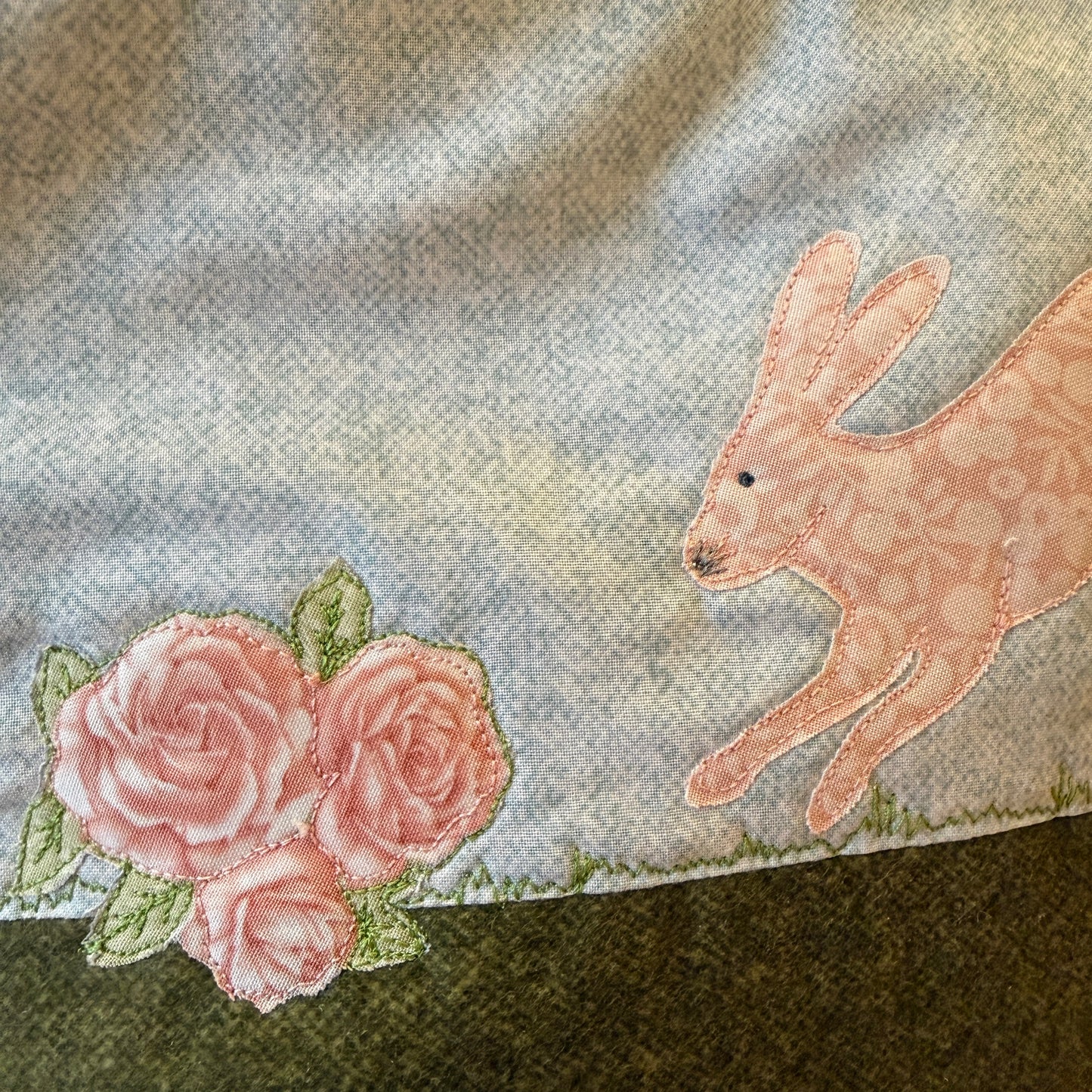 Spring Hare applique / free motion quilted bag Medium (Shawl or small sweater size)