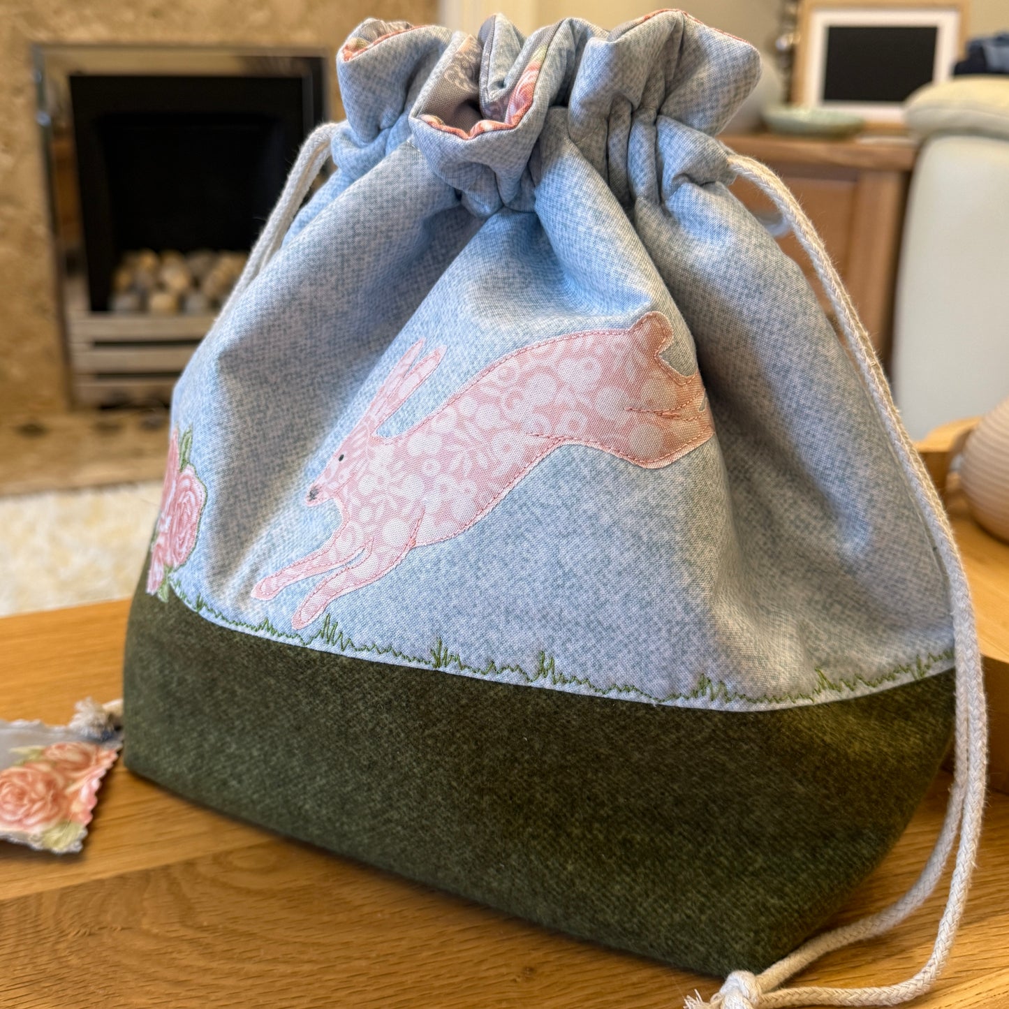 Spring Hare applique / free motion quilted bag Medium (Shawl or small sweater size)