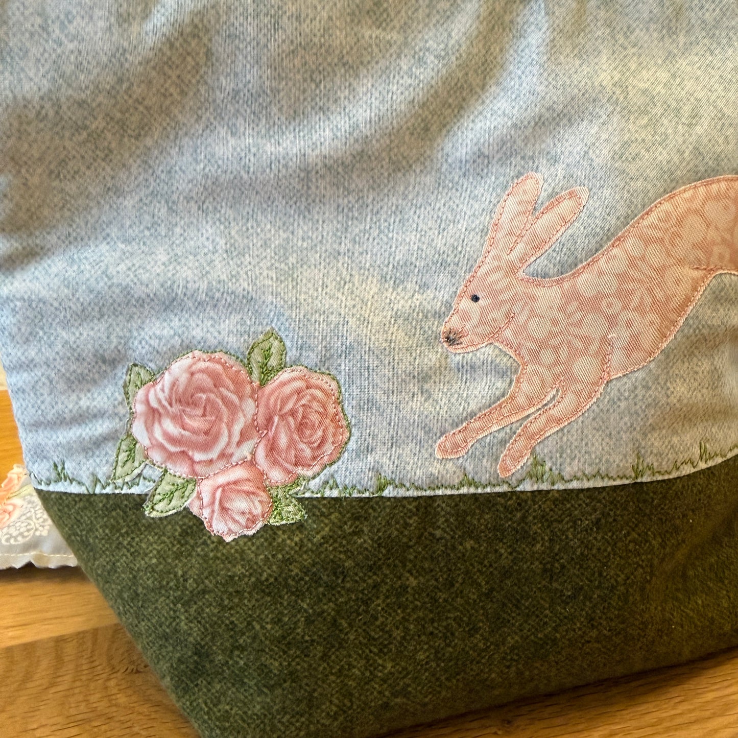 Spring Hare applique / free motion quilted bag Medium (Shawl or small sweater size)