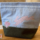 Spring Hare applique / free motion quilted bag Medium (Shawl or small sweater size)