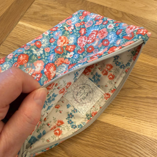Large notions pouch handmade with Liberty fabric - Blue and Coral floral