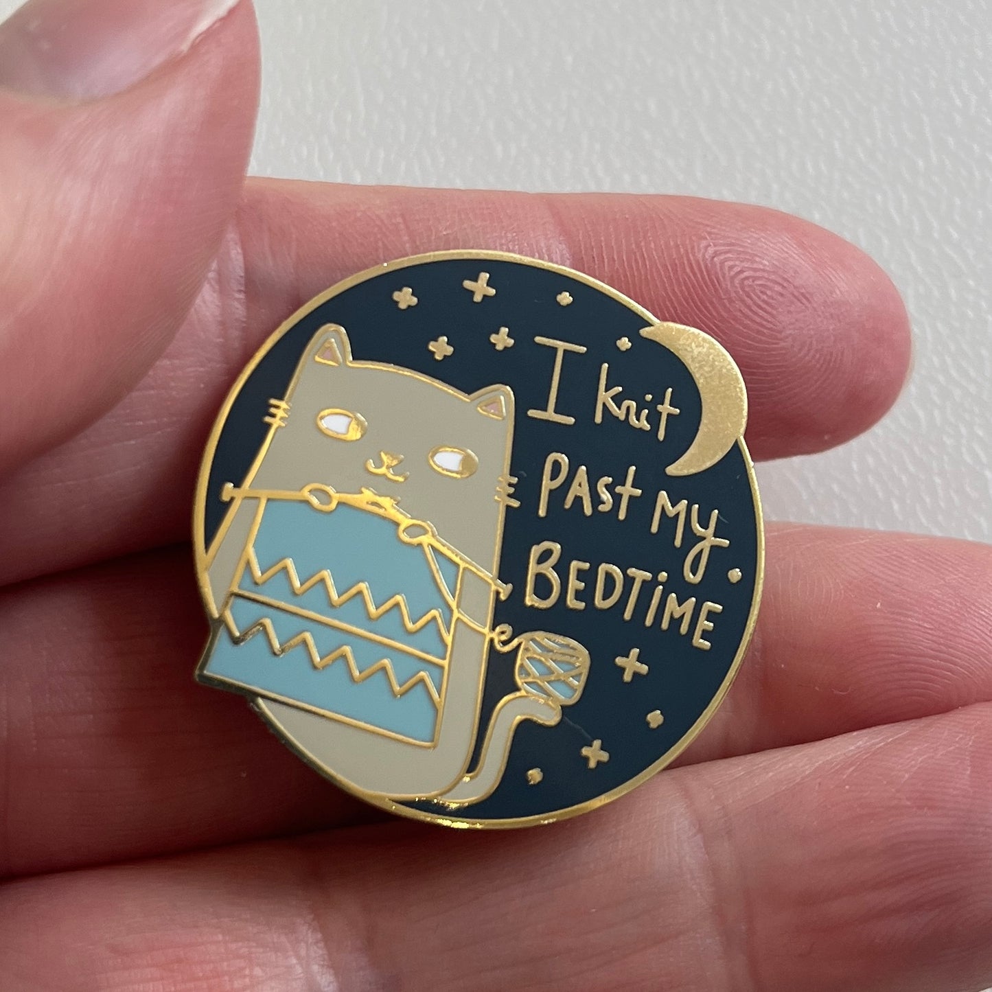 I knit past my bedtime enamel pin badge