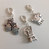 Wool themed progress keepers or stitch markers (set of 3) spinning wheel / mittens / sheep