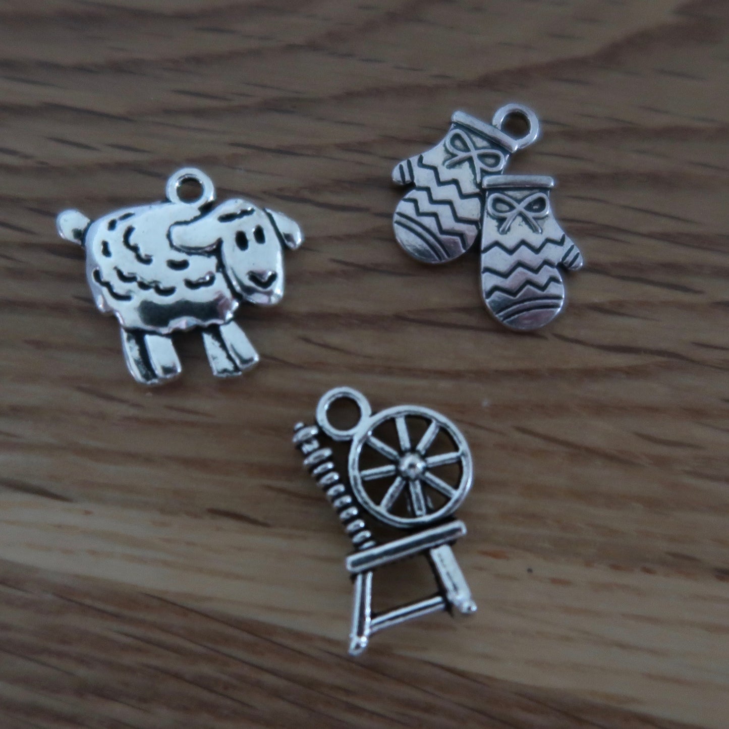 Wool themed progress keepers or stitch markers (set of 3) spinning wheel / mittens / sheep