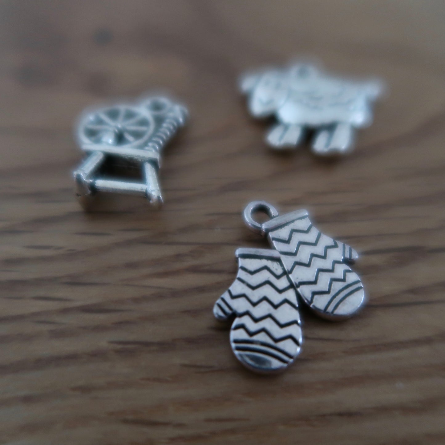 Wool themed progress keepers or stitch markers (set of 3) spinning wheel / mittens / sheep