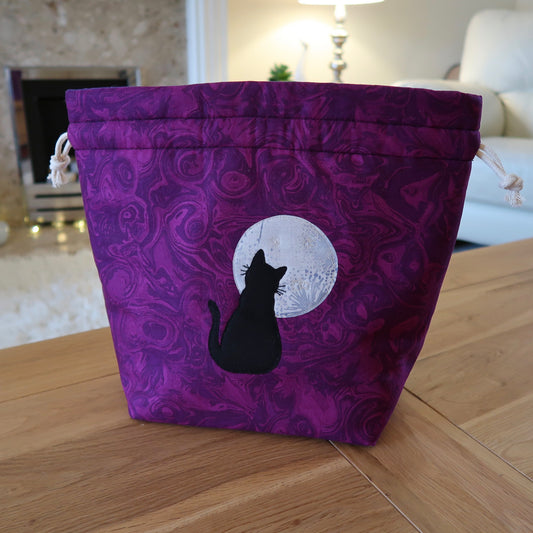Moonstruck Cat applique / free motion quilted bag Medium (Shawl or small sweater size)