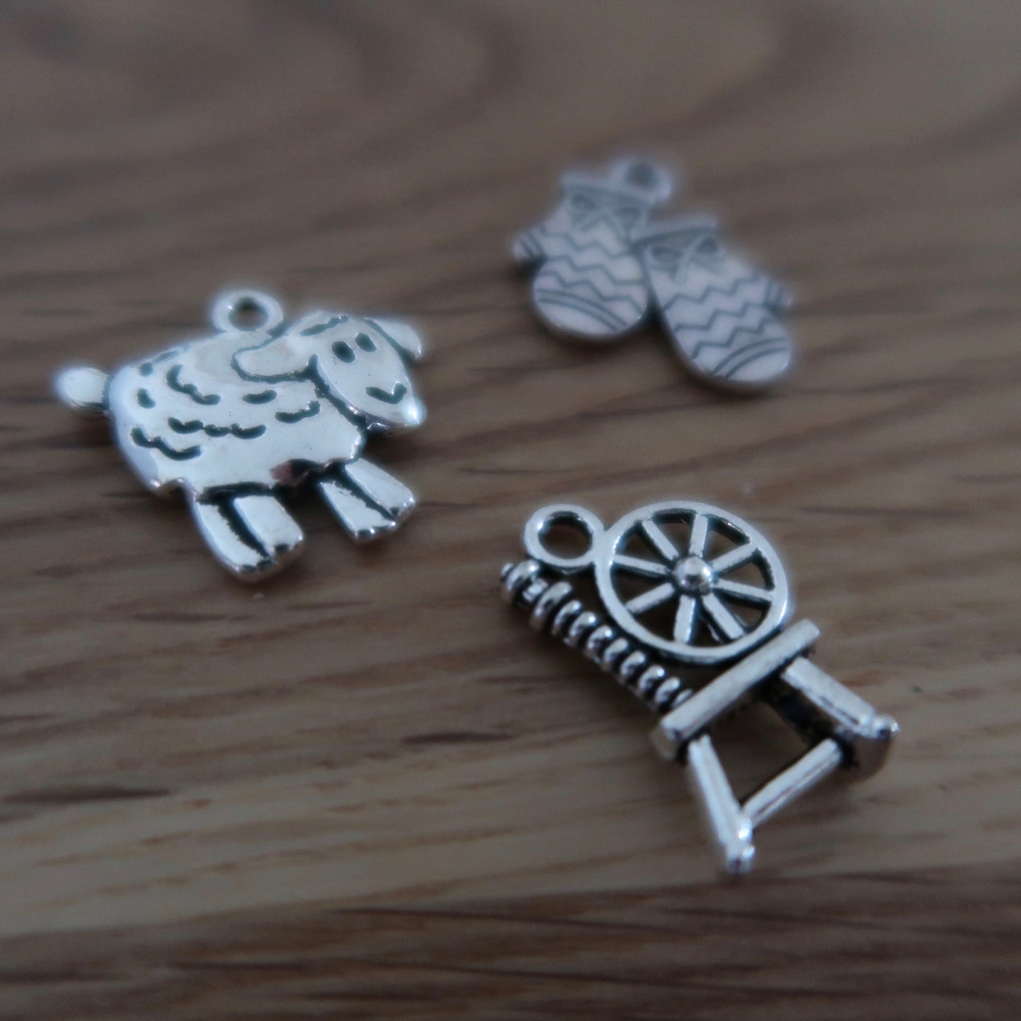 Wool themed progress keepers or stitch markers (set of 3) spinning wheel / mittens / sheep