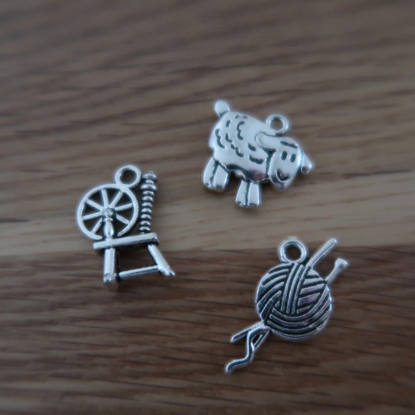 Wool themed stitch markers or progress keepers Spinning wheel, sheep and yarn / needles (set if 3)