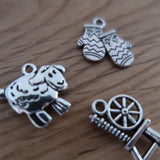 Wool themed progress keepers or stitch markers (set of 3) spinning wheel / mittens / sheep